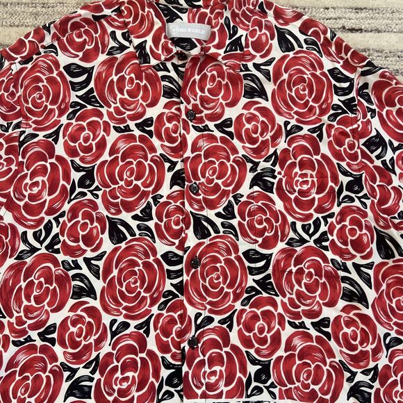 Vintage Jams World Hawaiian Shirt Mens XL Rayon Red Black Roses Valentines 90s - Picture 5 of 10